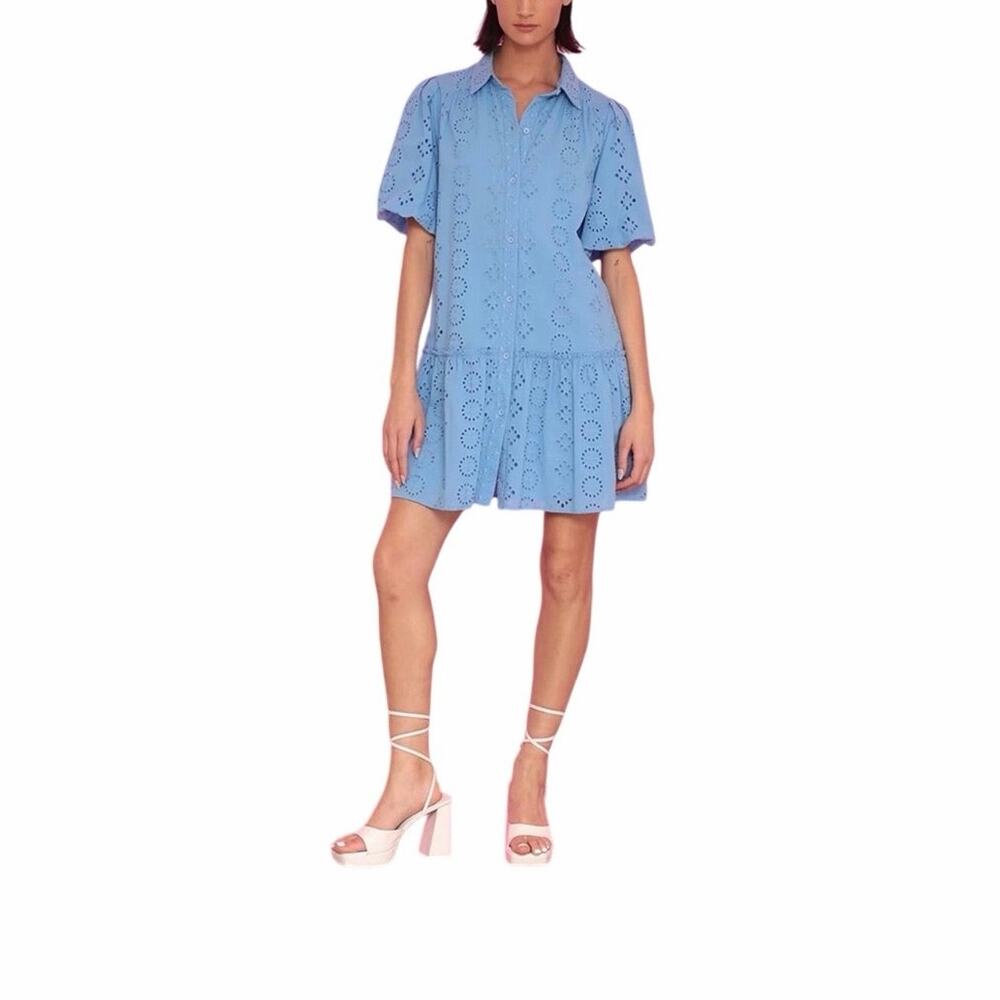 Donna Morgan Blue Button Down Shirt Dress Tiered Hem Puff Sleeves Size 14